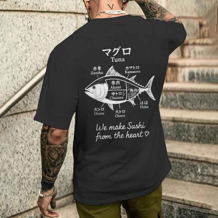マグロ寿司切り図デザイン 日本料理グラフィック メンズTシャツ バックプリント 彼への贈り物