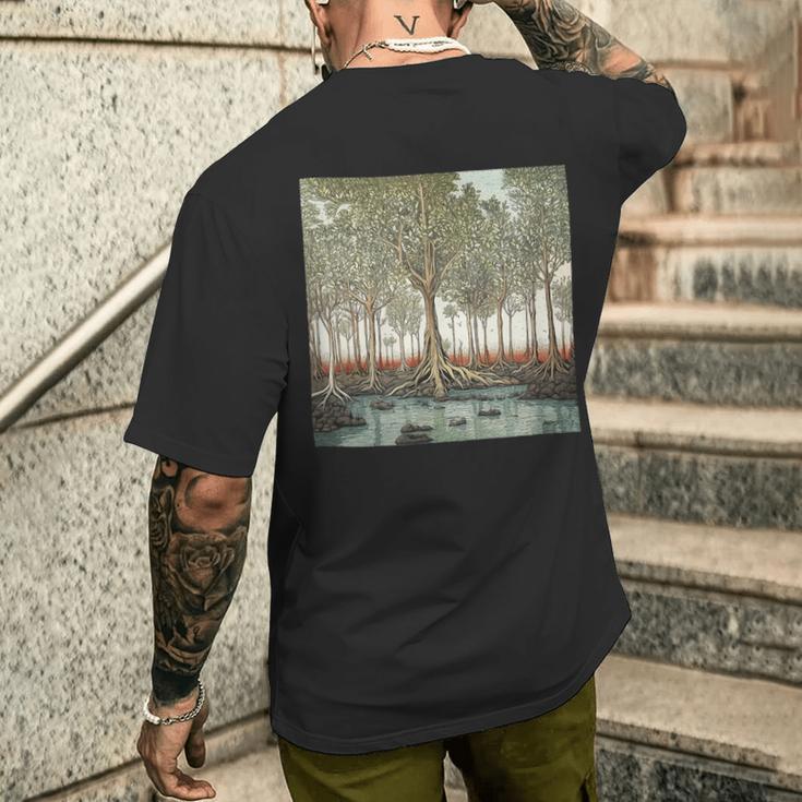 マングローブの森のヴィンテージ風景グラフィック。 メンズTシャツ バックプリント 彼への贈り物