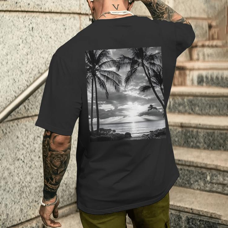ヤシの木の白黒写真 夕焼けビンテージ写真 メンズTシャツ バックプリント 彼への贈り物