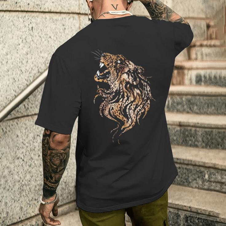 ライオンフェイス クールな動物園 動物 怖いライオンヘッド メンズTシャツ バックプリント 彼への贈り物