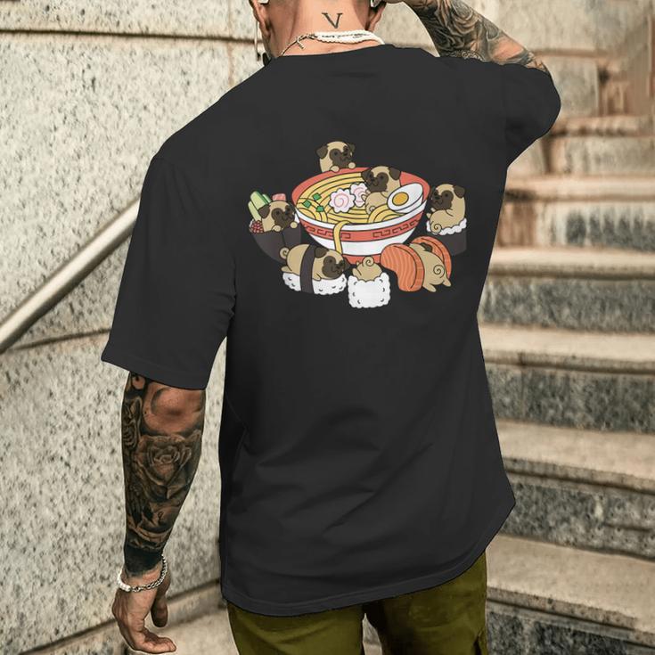 ラーメン寿司パグ犬 メンズTシャツ バックプリント 彼への贈り物