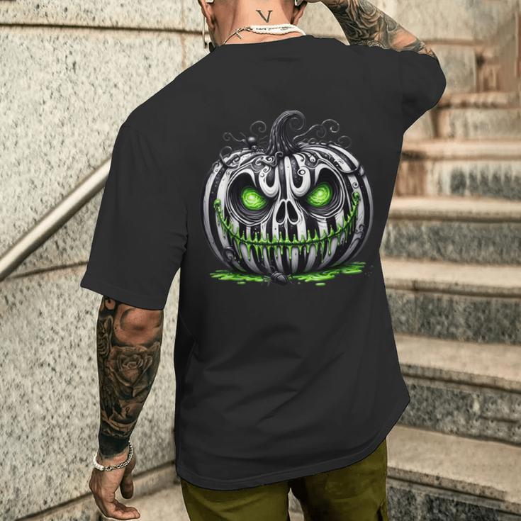 不気味なカボチャ 白い縞模様の目と笑顔 メンズTシャツ バックプリント 彼への贈り物