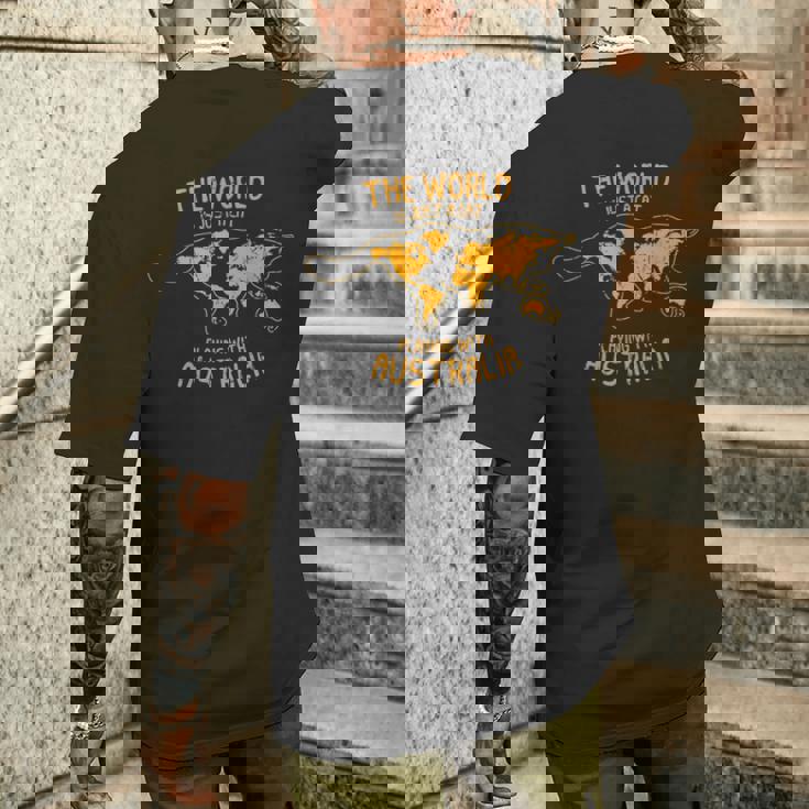 世界はオーストラリア オーストラリアで遊ぶ猫 メンズTシャツ バックプリント 彼への贈り物