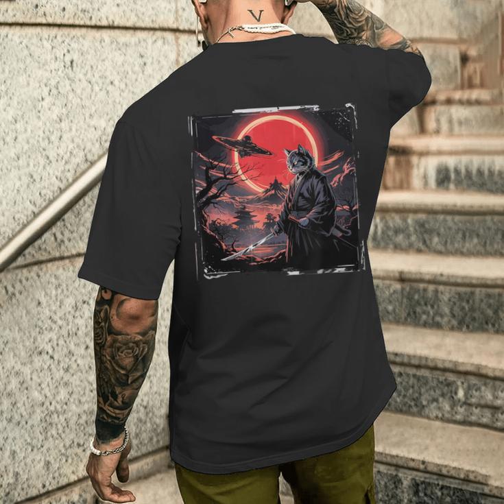 侍忍者 猫戦士 墨絵 Ufo 浮世絵f 日本語 メンズTシャツ バックプリント 彼への贈り物