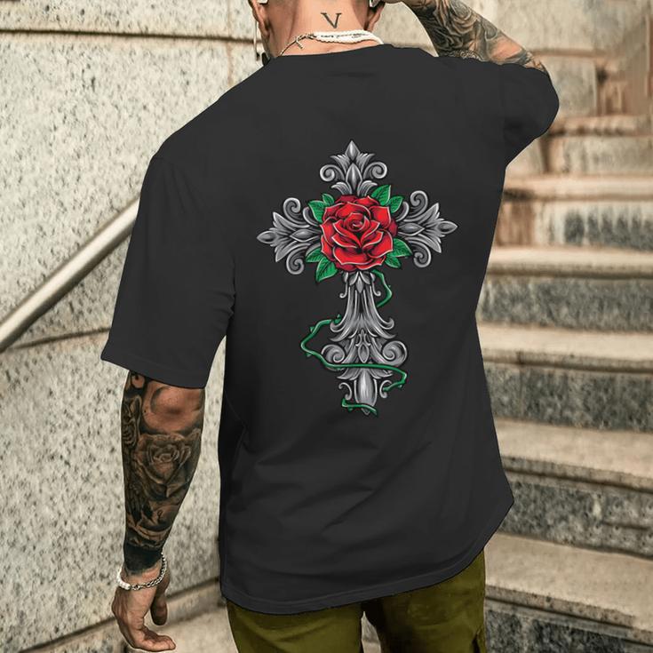 十字架とバラ メンズTシャツ バックプリント 彼への贈り物