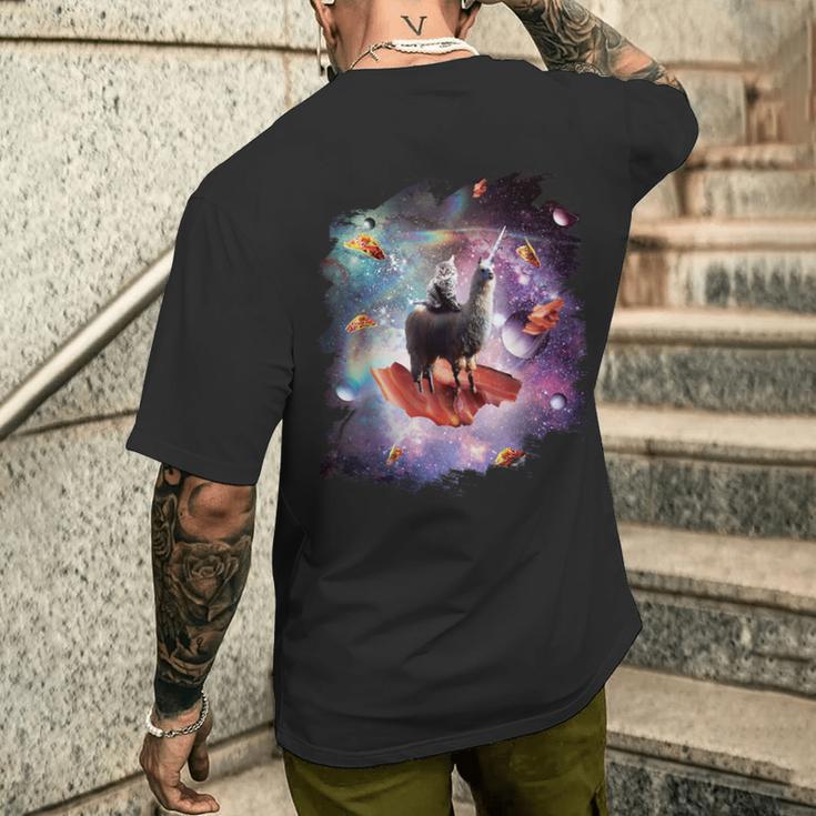 宇宙猫乗馬ユニコーン ラマ ベーコン&タコス メンズTシャツ バックプリント 彼への贈り物