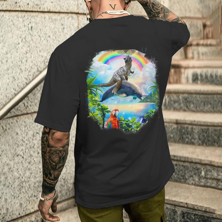 恐竜 ライディング イルカ レインボー イルカ メンズTシャツ バックプリント 彼への贈り物
