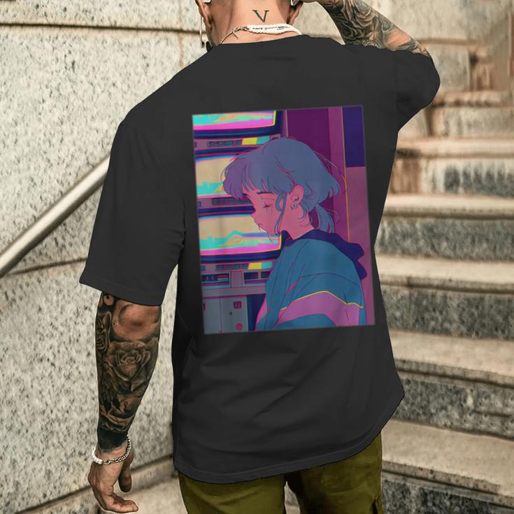 悲しい泣き少女 ヴィンテージアニメイラスト 80年代90年代美的 メンズTシャツ バックプリント 彼への贈り物