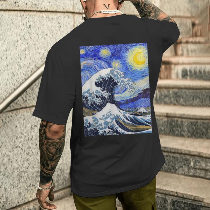 星月夜リメイクとミックスされた神奈川の大波 メンズTシャツ バックプリント 彼への贈り物