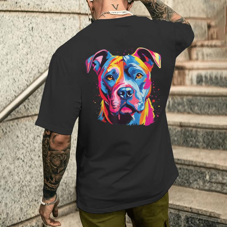 水彩のカラフルなアメリカン ピット ブル テリア犬 メンズTシャツ バックプリント 彼への贈り物