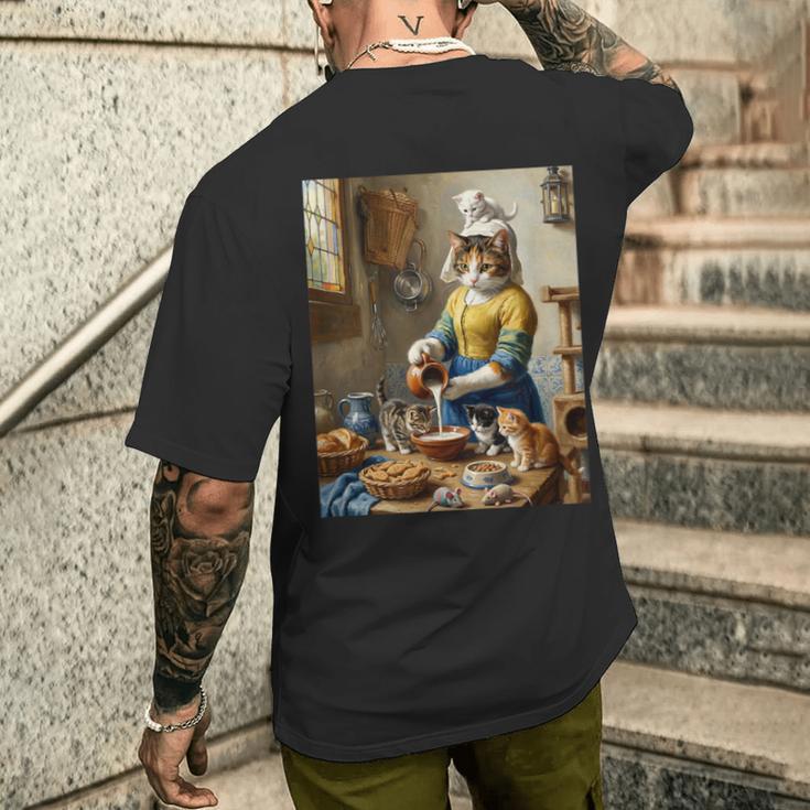 牛乳を注ぐ猫 フェルメール風 名画パロディ 油絵アート 可愛い子猫 おもしろ 猫好き メンズTシャツ バックプリント 彼への贈り物