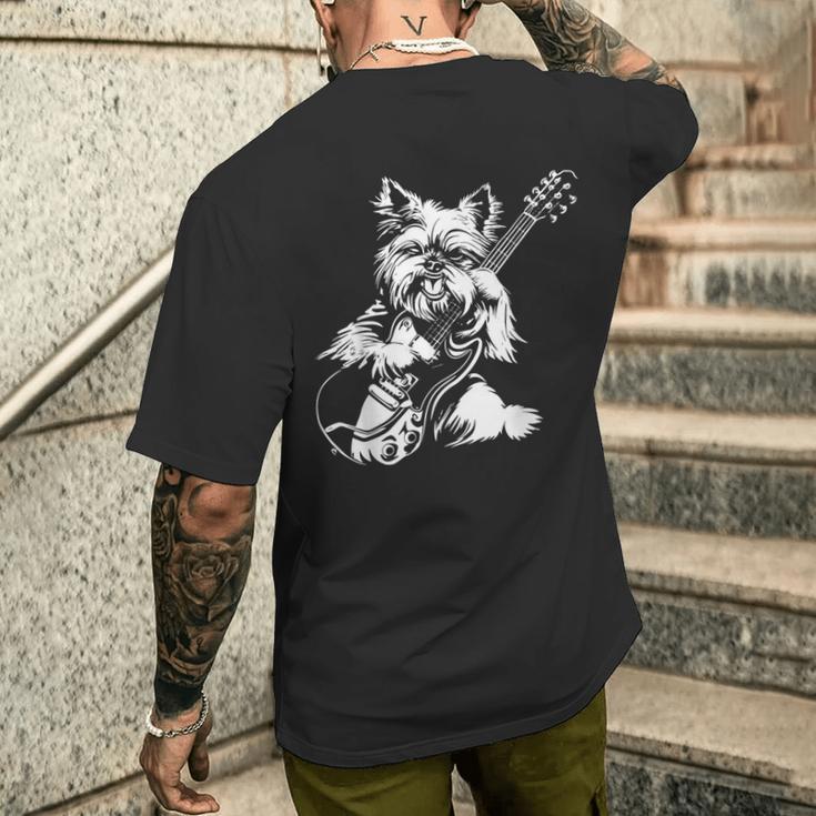 犬 ギタリスト ギター ティーカップ ヨーキー パパ ママ メンズTシャツ バックプリント 彼への贈り物