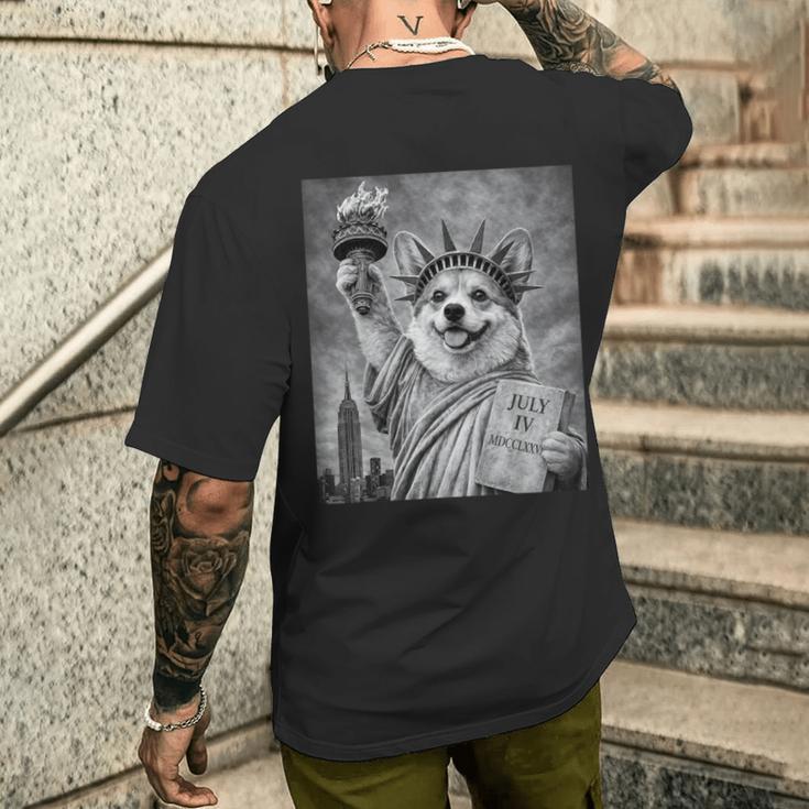 犬 像 自由 面白い 自由 白 ブラック ウェルシュ コーギー メンズTシャツ バックプリント 彼への贈り物