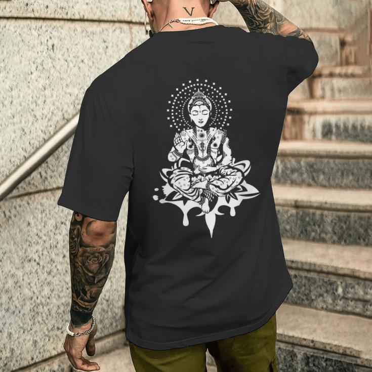 瞑想的な蓮の置物 スピリチュアルな禅ファンタジーデザイン メンズTシャツ バックプリント 彼への贈り物