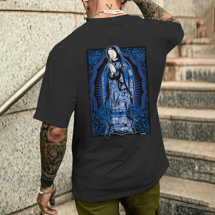 聖母マリア メキシカンブランケット アート ブルー バンダナ プリント チカーノ メンズTシャツ バックプリント 彼への贈り物