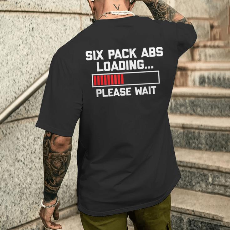 腹筋負荷お待ちください 面白いワークアウトジム 6パック メンズTシャツ バックプリント 彼への贈り物