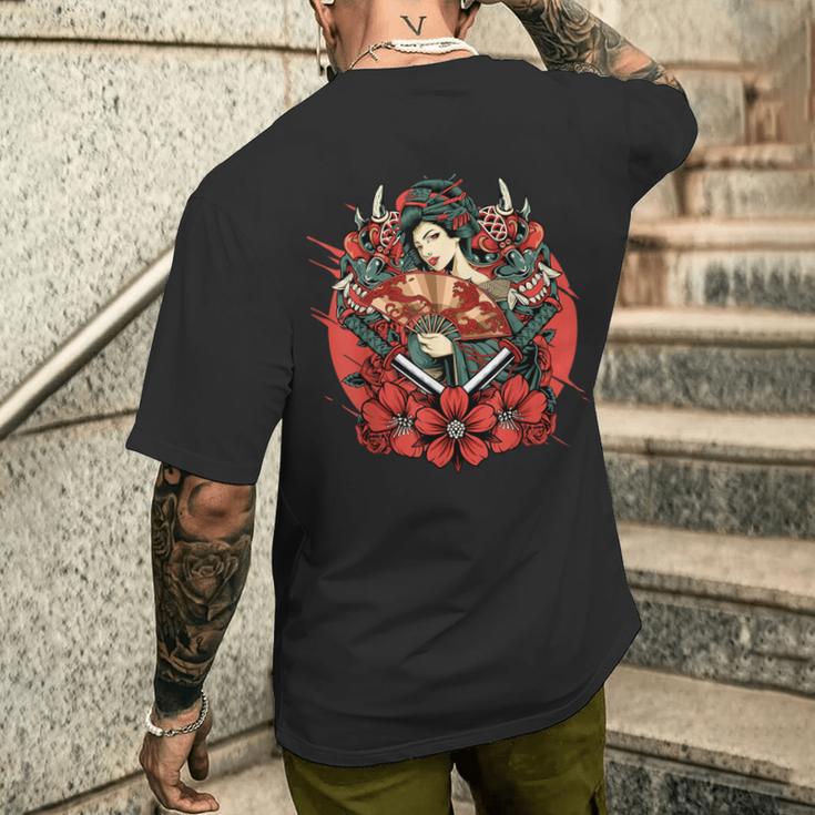 芸者 日本の鬼のお面 妖怪 侍 刀 カタナ 刀 メンズTシャツ バックプリント 彼への贈り物