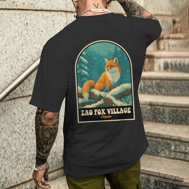 蔵王キツネ村 日本 – ヴィンテージ雪に覆われたキツネアート メンズTシャツ バックプリント 彼への贈り物