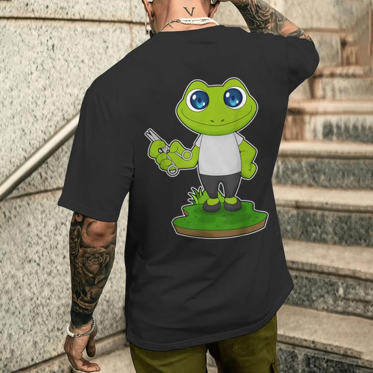 蛙 美容師 はさみ メンズTシャツ バックプリント 彼への贈り物