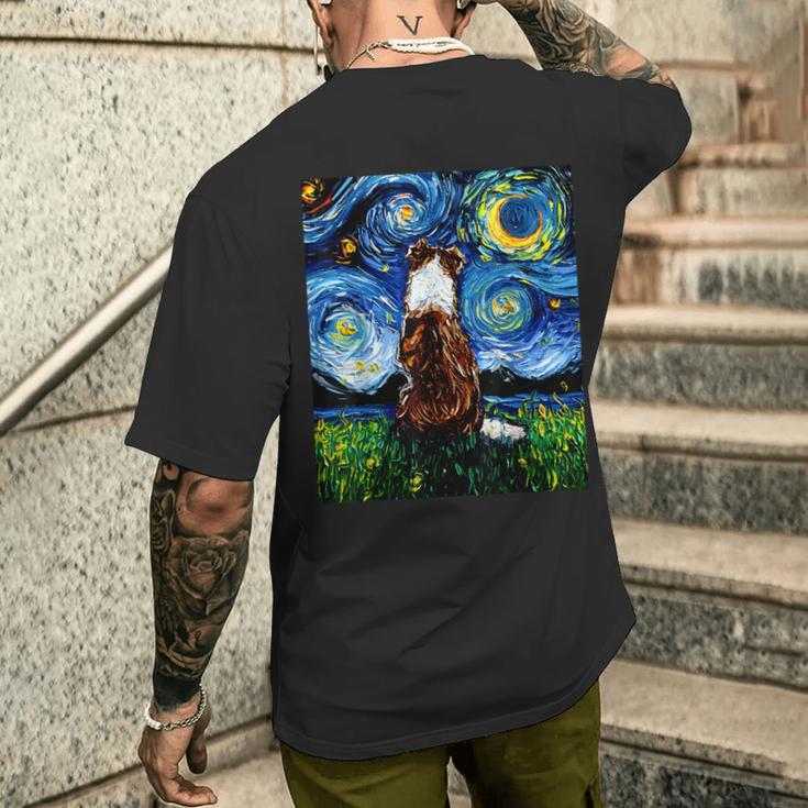 赤いボーダーコリー 星月夜犬 アートワーク メンズTシャツ バックプリント 彼への贈り物