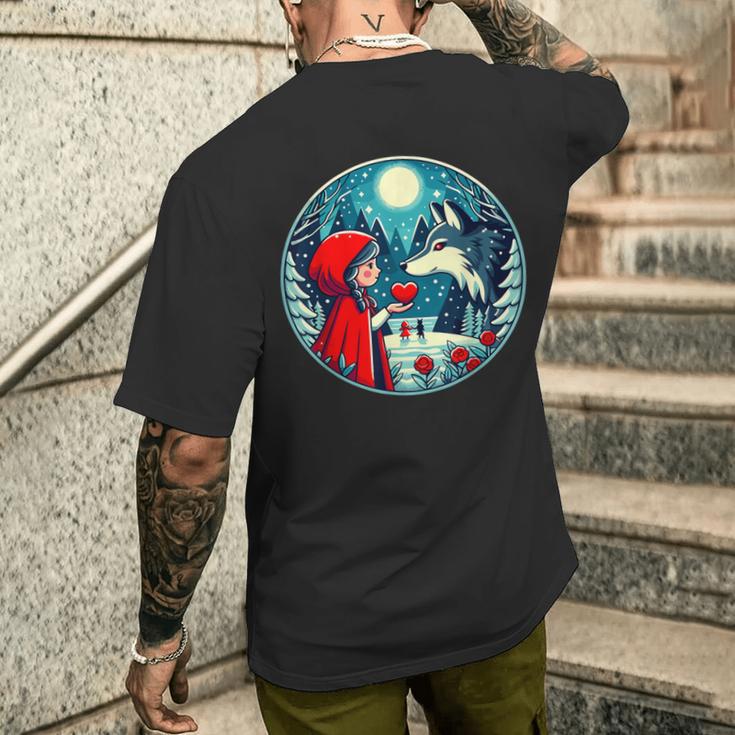 赤ずきんちゃんがオオカミに心を与える 自然のおとぎ話 メンズTシャツ バックプリント 彼への贈り物