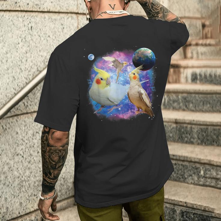 銀河を飛んでいる面白いオカメインコ オカメインコ メンズTシャツ バックプリント 彼への贈り物