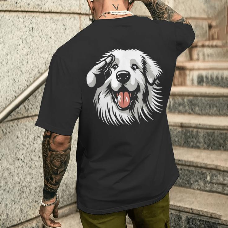 面白いグレート ピレニーズの顔の犬のグラフィック デザイン メンズTシャツ バックプリント 彼への贈り物