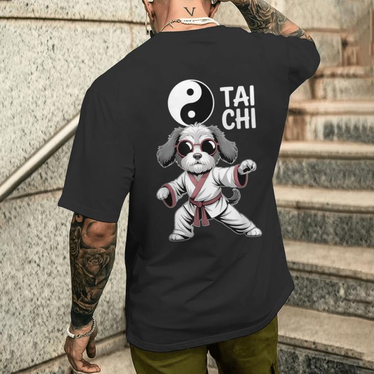 面白い太極拳犬格闘技陰陽クールな子犬のポーズ メンズTシャツ バックプリント 彼への贈り物