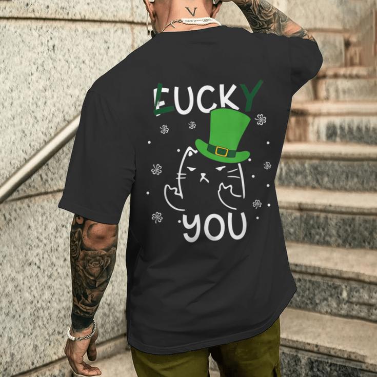 面白い黒猫レプラコーンファックラッキーユー聖パトリックデー メンズTシャツ バックプリント 彼への贈り物