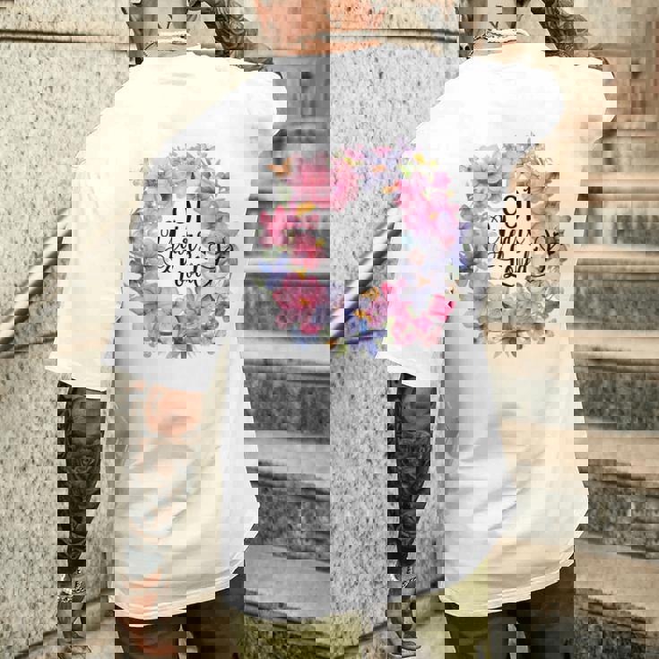 91 Years Loved 91歳の誕生日 フローラルリース ナインティワン メンズTシャツ バックプリント 彼への贈り物