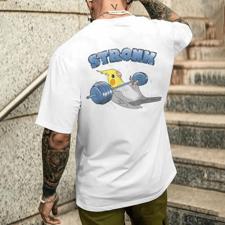 Stronk オカメインコ フィットネス オウム ワークアウト オカメインコ 鳥 ミーム メンズTシャツ バックプリント 彼への贈り物
