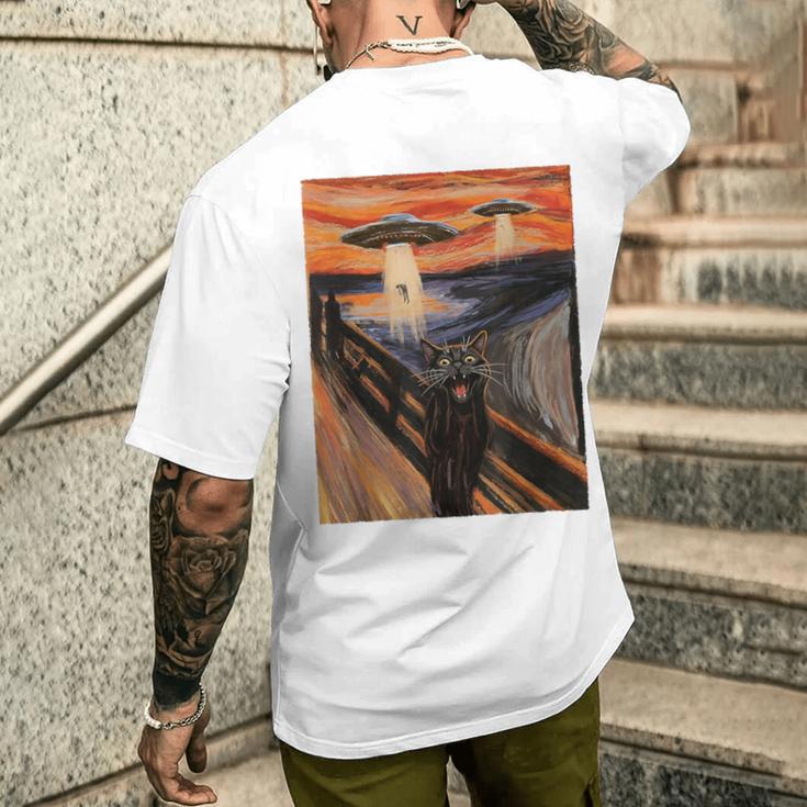 Ufo エイリアン 楽しい 絶叫 猫 アート パロディ メンズTシャツ バックプリント 彼への贈り物