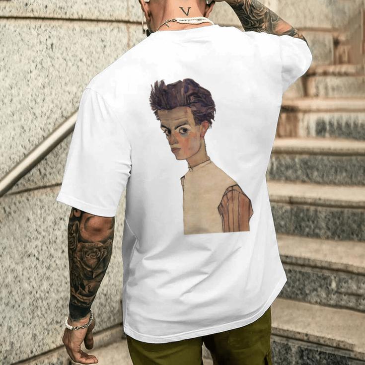 エゴン・シーレ作1910ストライプシャツの自画像 メンズTシャツ バックプリント 彼への贈り物