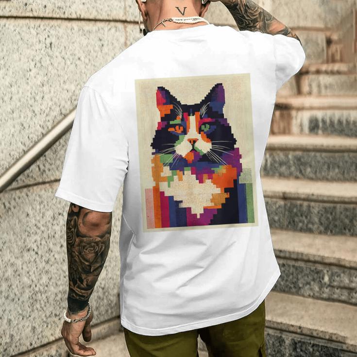 カラフル メインクーン 猫 芸術的 猫 動物 幾何学 アート メンズTシャツ バックプリント 彼への贈り物