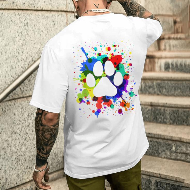 カラフルペイント スプラッター 肉球プリント 猫 犬 メンズTシャツ バックプリント 彼への贈り物