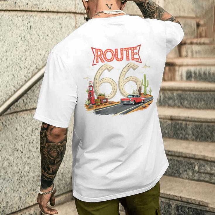 クラシック レトロ ルート66 砂漠の情景 赤 ヴィンテージ 車 メンズTシャツ バックプリント 彼への贈り物