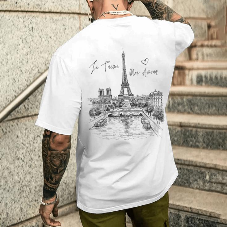 パリ エッフェル塔 スケッチ 街並み アート お土産 メンズTシャツ バックプリント 彼への贈り物