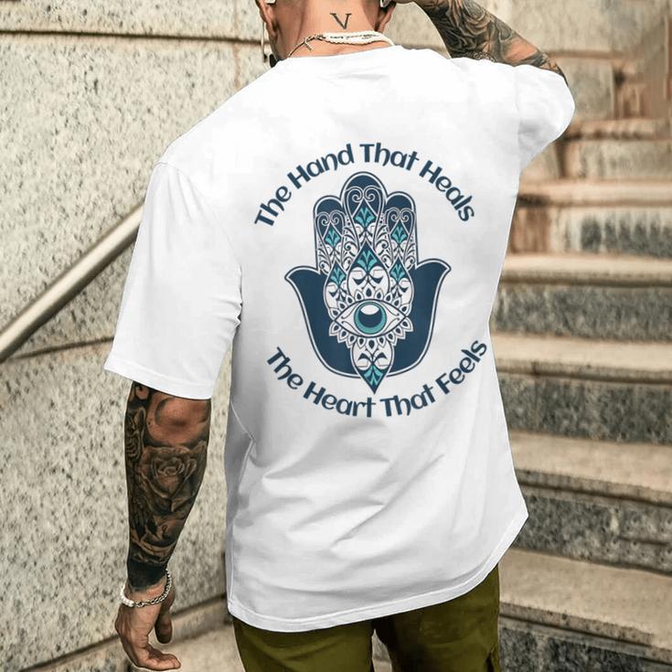 ファティマの手を感じる心を癒す手 メンズTシャツ バックプリント 彼への贈り物