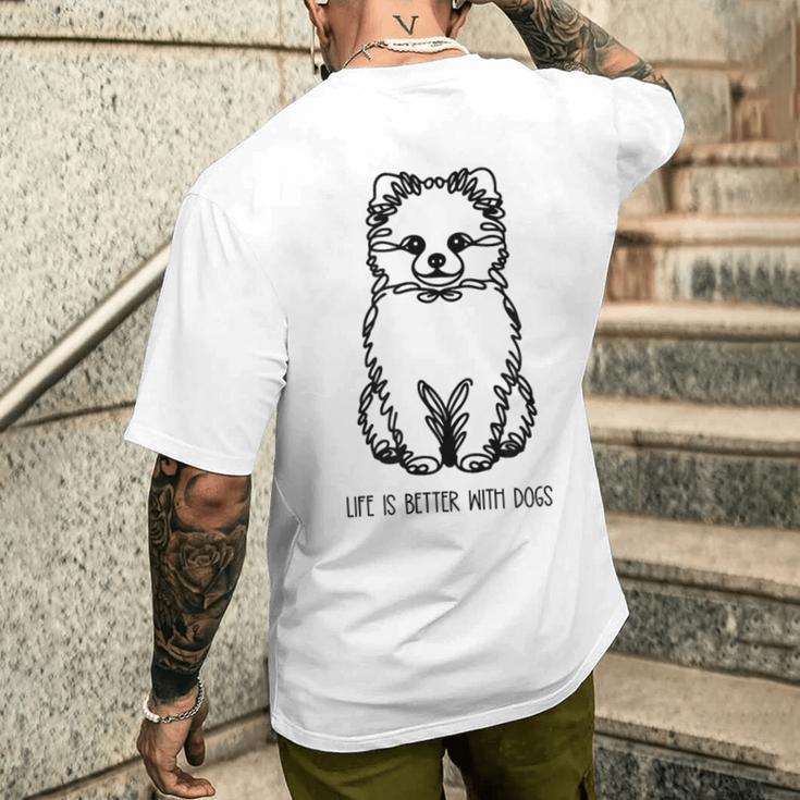 ポメプー シルエット ラインアート 犬がいると人生はもっと楽しい デザイン メンズTシャツ バックプリント 彼への贈り物