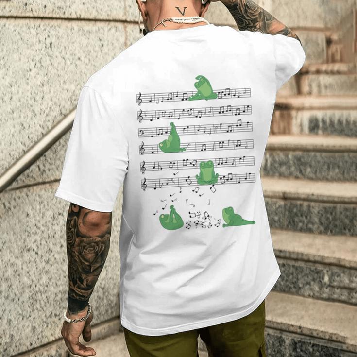 ヨガをしているかわいいカエル 音符 音記号 ミュージシャンアート 長袖tシャツ メンズTシャツ バックプリント 彼への贈り物