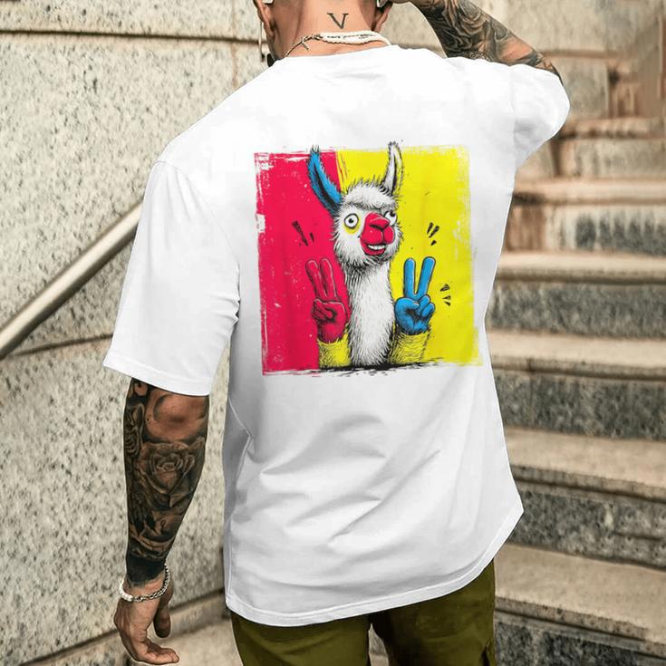 ラマ ダブルピース レトロ ポップ キャラクター グラフィック サイン ジェスチャー メンズTシャツ バックプリント 彼への贈り物