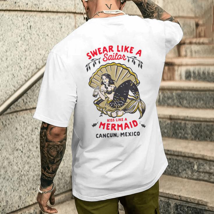 レトロカンクン メキシコ おもしろパーティー ピンナップ マーメイド カレッジブレイク メンズTシャツ バックプリント 彼への贈り物
