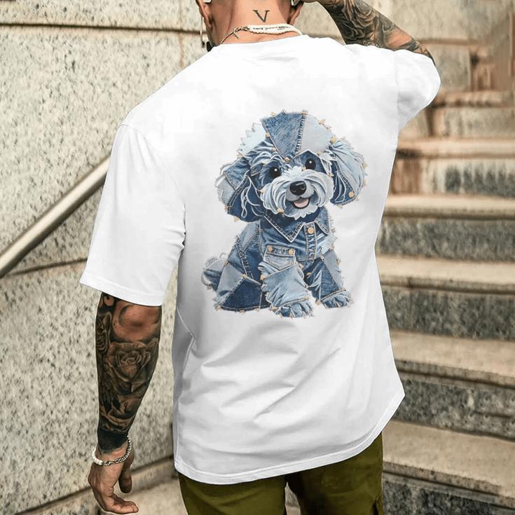 レトロデニムパッチプードル ドッグアート 芸術的 メンズTシャツ バックプリント 彼への贈り物