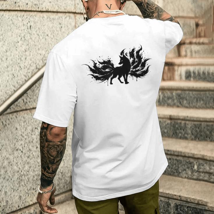 九尾の狐 キツネ 妖怪 和風 水墨画 シルエット メンズTシャツ バックプリント 彼への贈り物