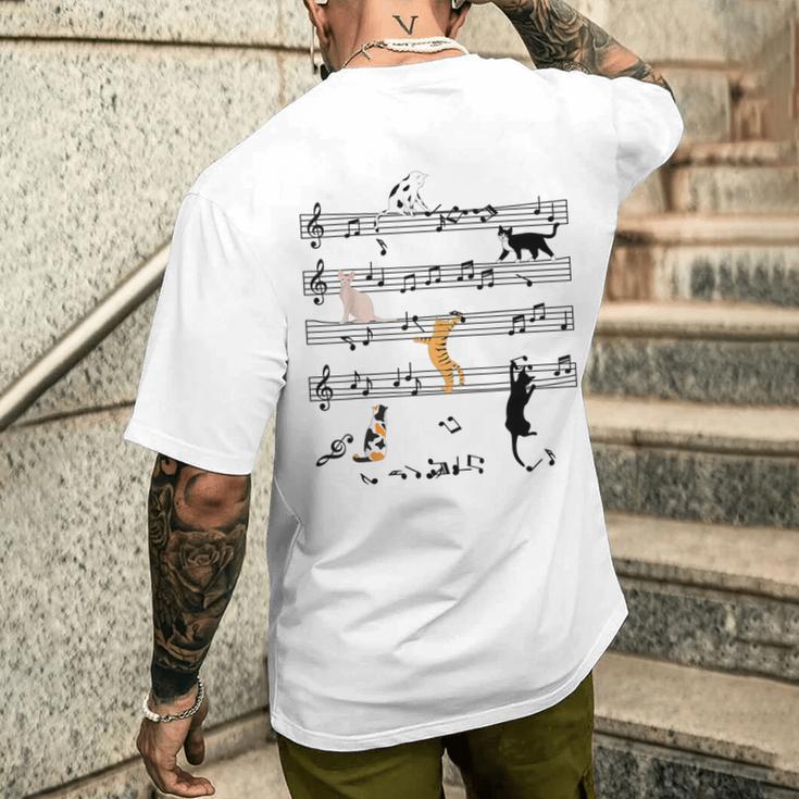楽しい 猫 登る トランプ 楽譜 猫の音符 メンズTシャツ バックプリント 彼への贈り物