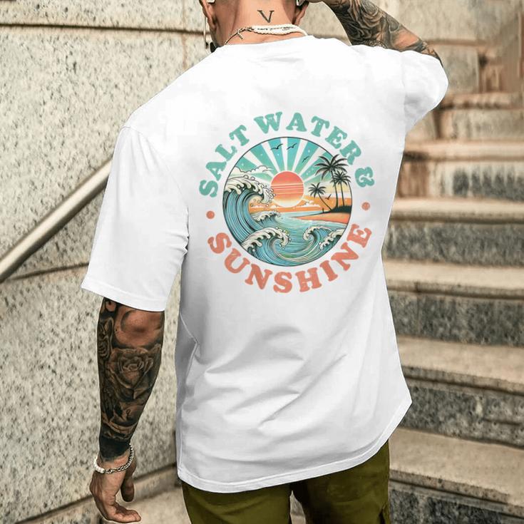 海水と日光 レトロ ビーチ 波 夕日 ヤシの木 メンズTシャツ バックプリント 彼への贈り物
