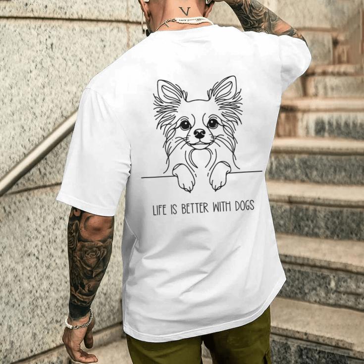 犬と一緒なら人生はもっと良くなる チワワ ラインアート ロングコートチワワ タイプ1 メンズTシャツ バックプリント 彼への贈り物