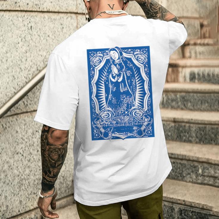聖母マリア メキシカンブランケット アート ブルー バンダナ プリント ロイヤル メンズTシャツ バックプリント 彼への贈り物