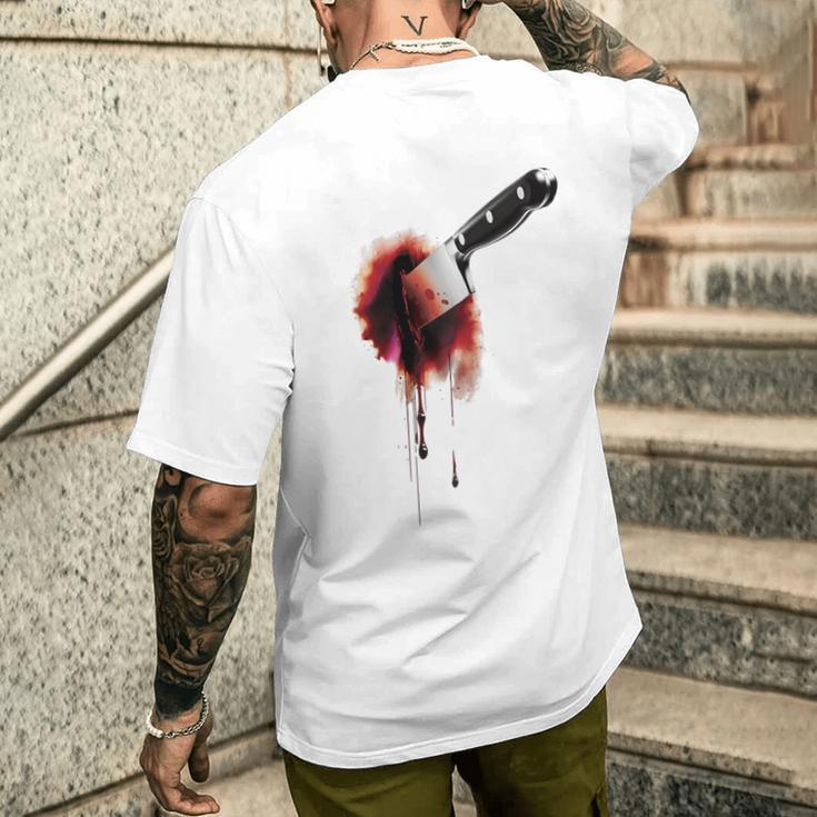 血まみれのナイフ シャツ ハロウィン ホラー 血しぶき メンズTシャツ バックプリント 彼への贈り物