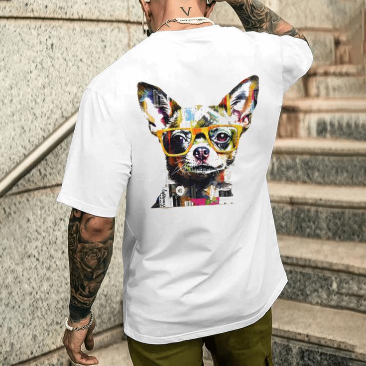 黄色のメガネを着たチワワ 明るい色 メンズTシャツ バックプリント 彼への贈り物